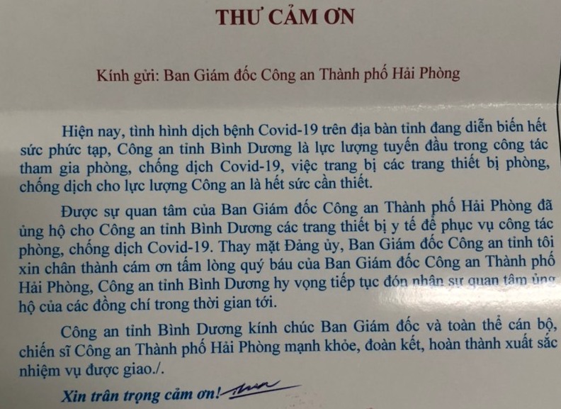 Công an tỉnh Bình Dương gửi thư cảm ơn Ban Giám đốc Công an thành phố Hải Phòng